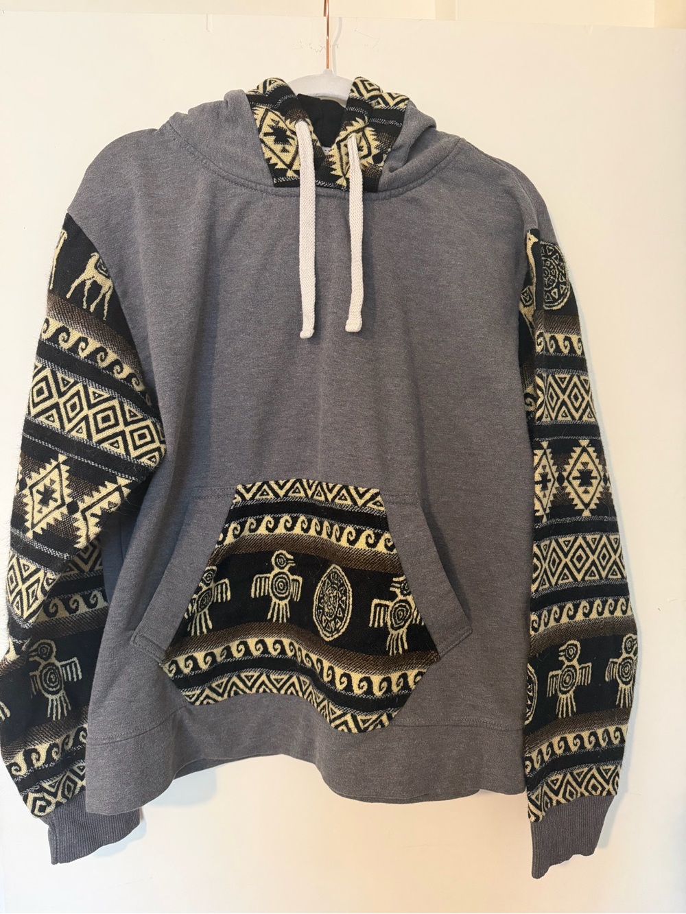 Gray Hooded Sweater with Patterned Accents -Aztec